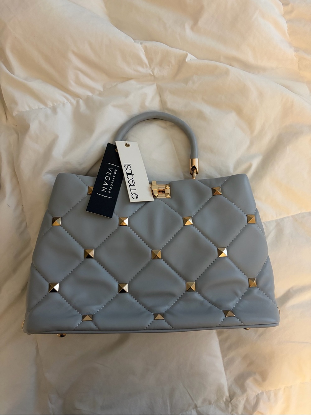 Quilted Top-Handle Bag in Light Gray with Gold Studs